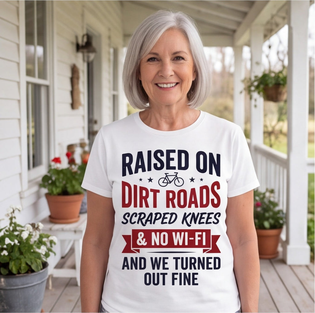 Raised on Dirt Roads and No Wi-Fi Funny Shirt, Country Gift for Dad T-shirt lifestyle photo in White #color:white;