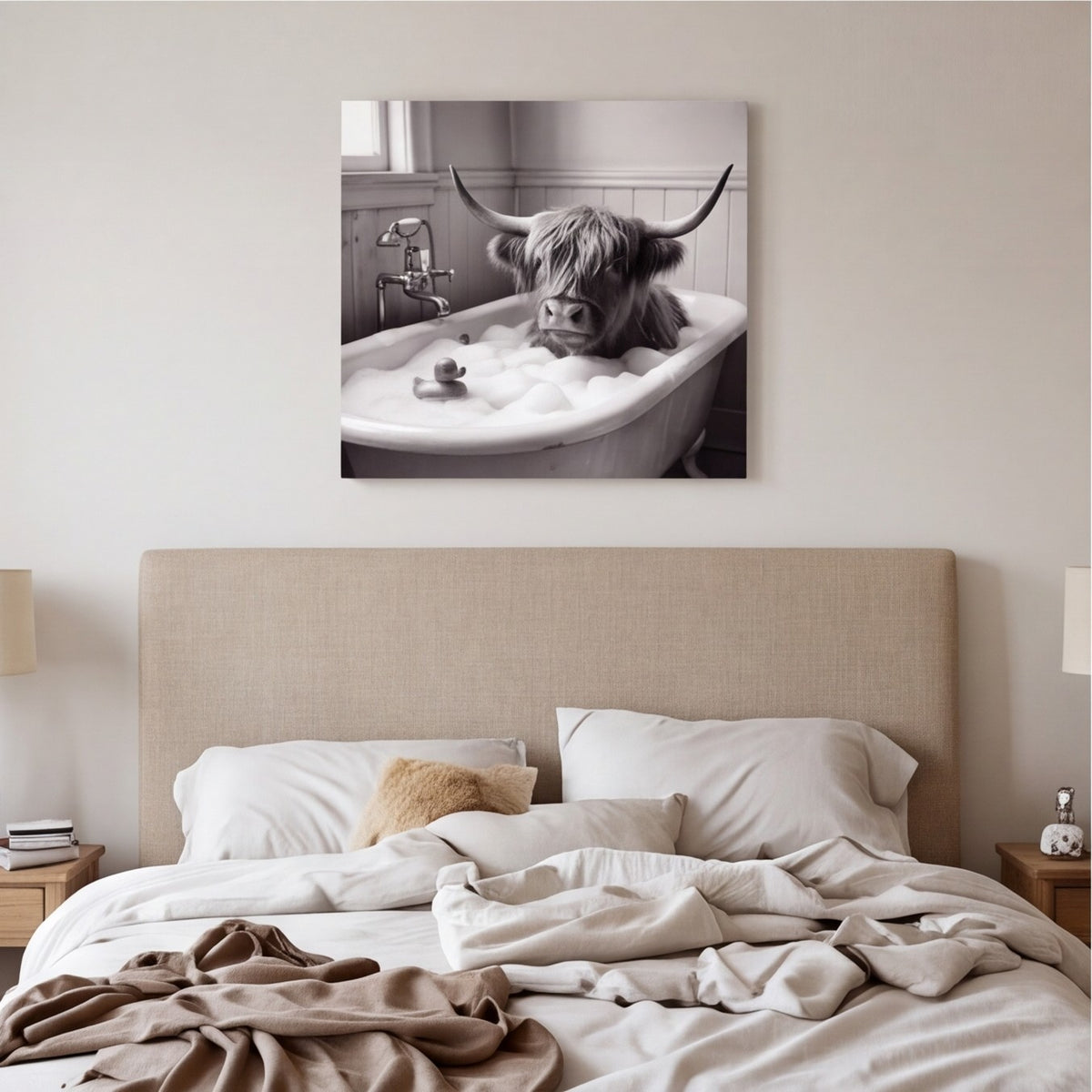Highland Cow Bubble Bath Bathroom Wall Art Canvas canvas wall art, lifestyle photo 1