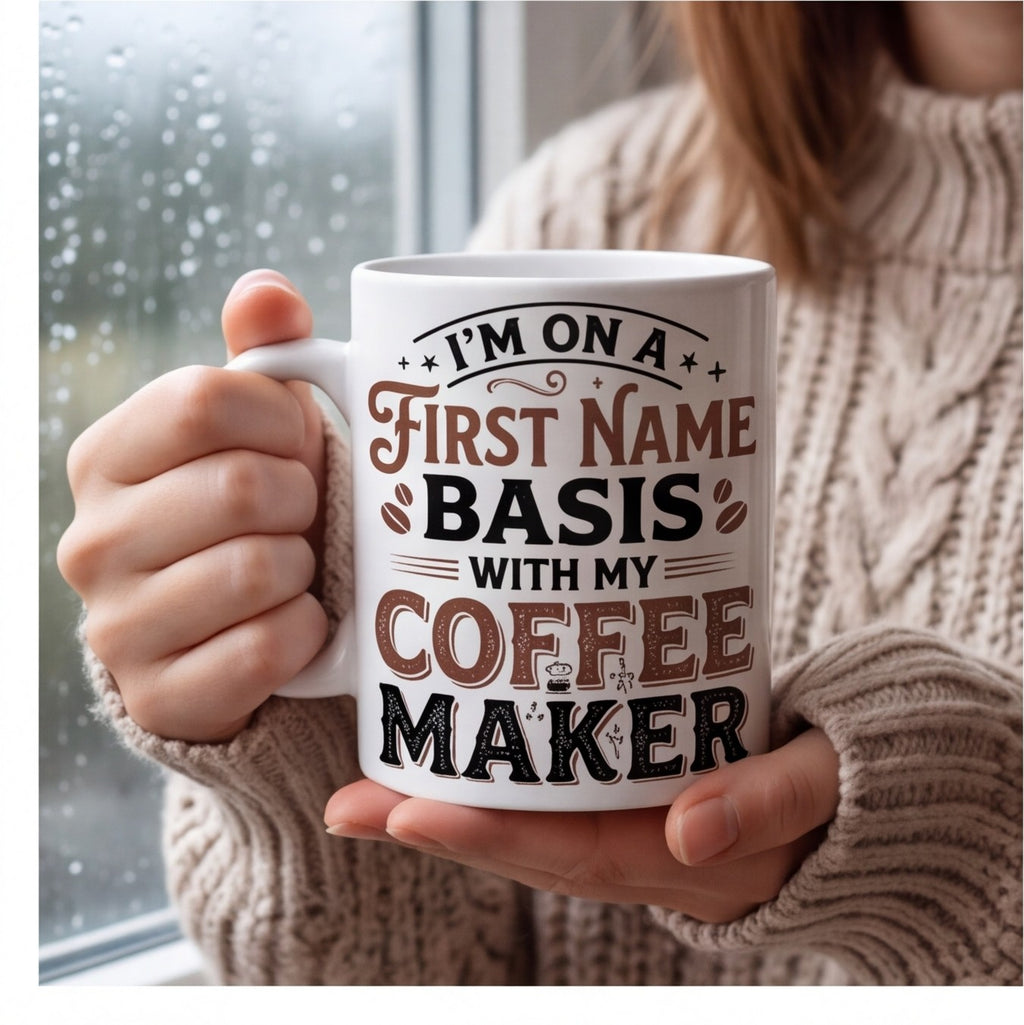 First Name Basis With My Coffee Maker Funny Mug mug, lifestyle photo 1