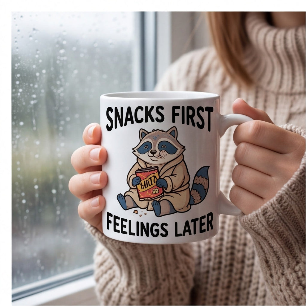 Snacks First Feelings Later Raccoon Funny Mug mug, lifestyle photo 1