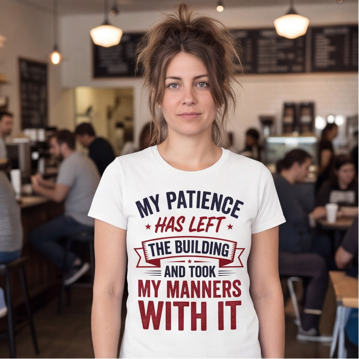 My Patience Has Left the Building Funny Mom Shirt, Gift for Tired Moms T-shirt lifestyle photo in White #color:white;