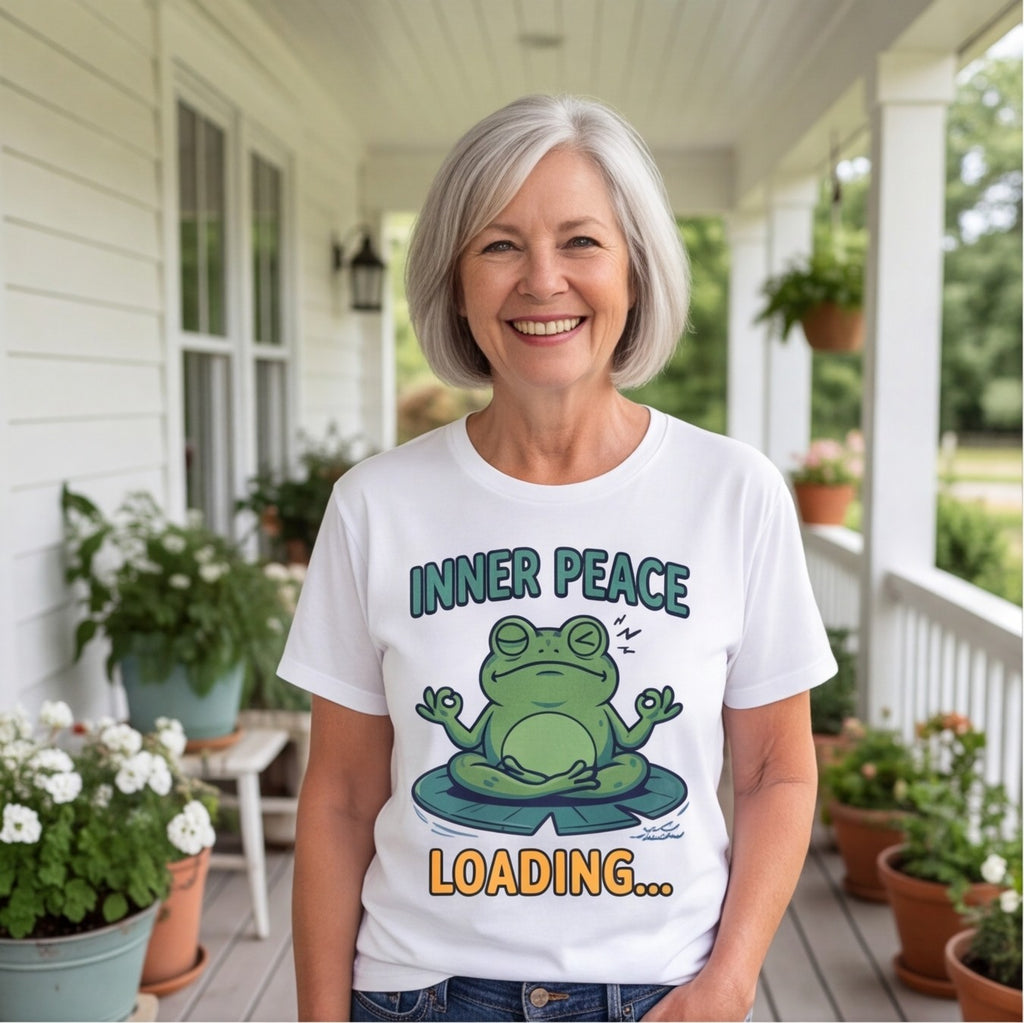 Inner Peace Loading Meditating Frog Shirt, Funny Yoga Gift T-shirt lifestyle photo in White #color:white;
