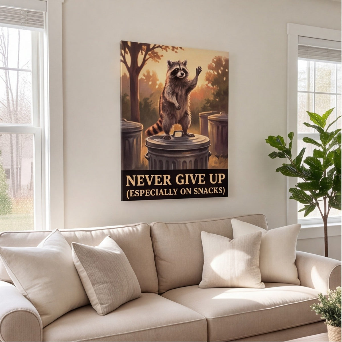 Never Give Up Raccoon Office Wall Art Canvas canvas wall art, lifestyle photo 1
