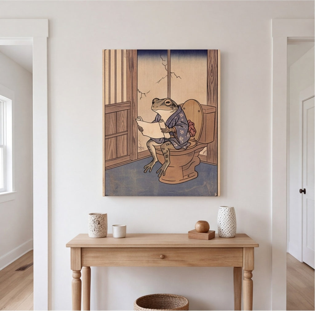 Japanese Woodblock Frog Bathroom Wall Art Canvas canvas wall art, lifestyle photo 1