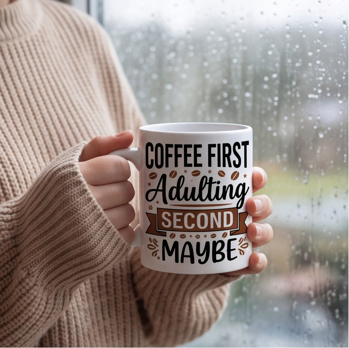 Coffee First Adulting Second Maybe Funny Mug mug, lifestyle photo 1
