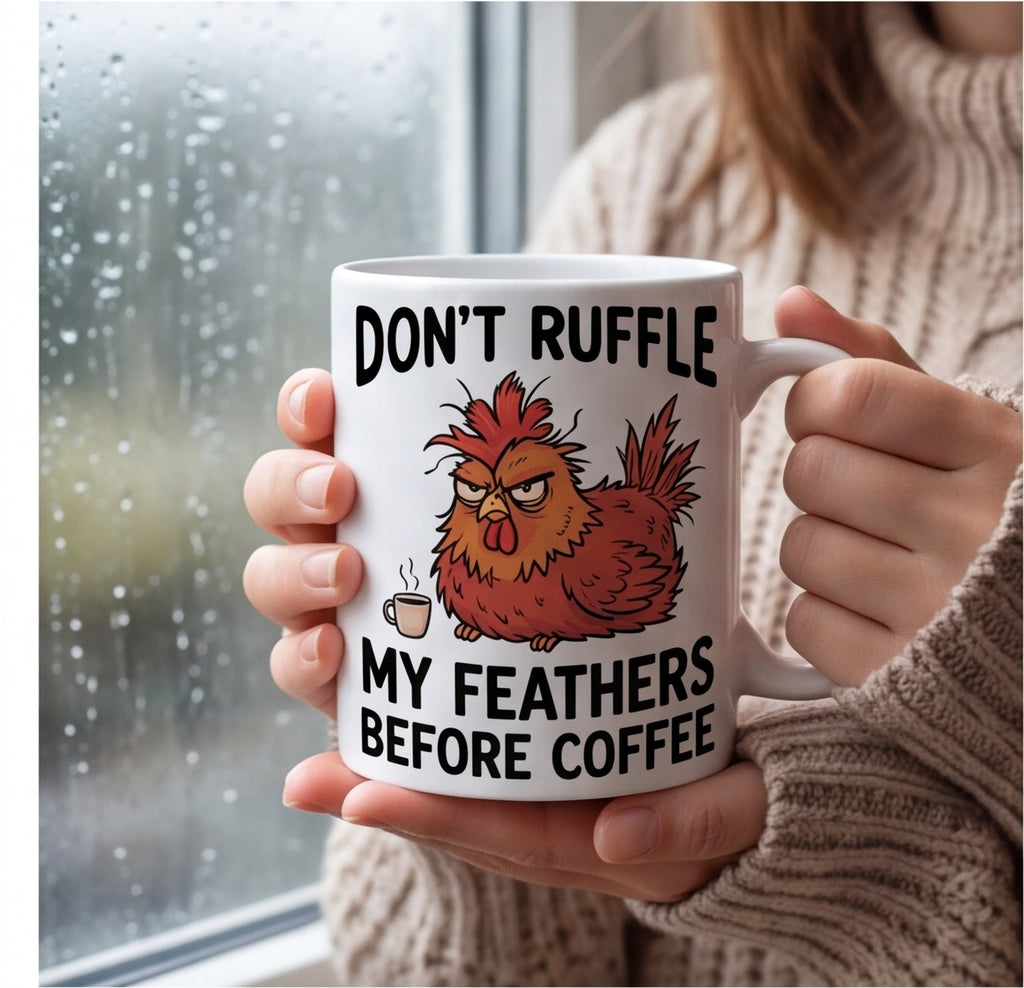 Don't Ruffle My Feathers Before Coffee Chicken Funny Mug mug, lifestyle photo 1