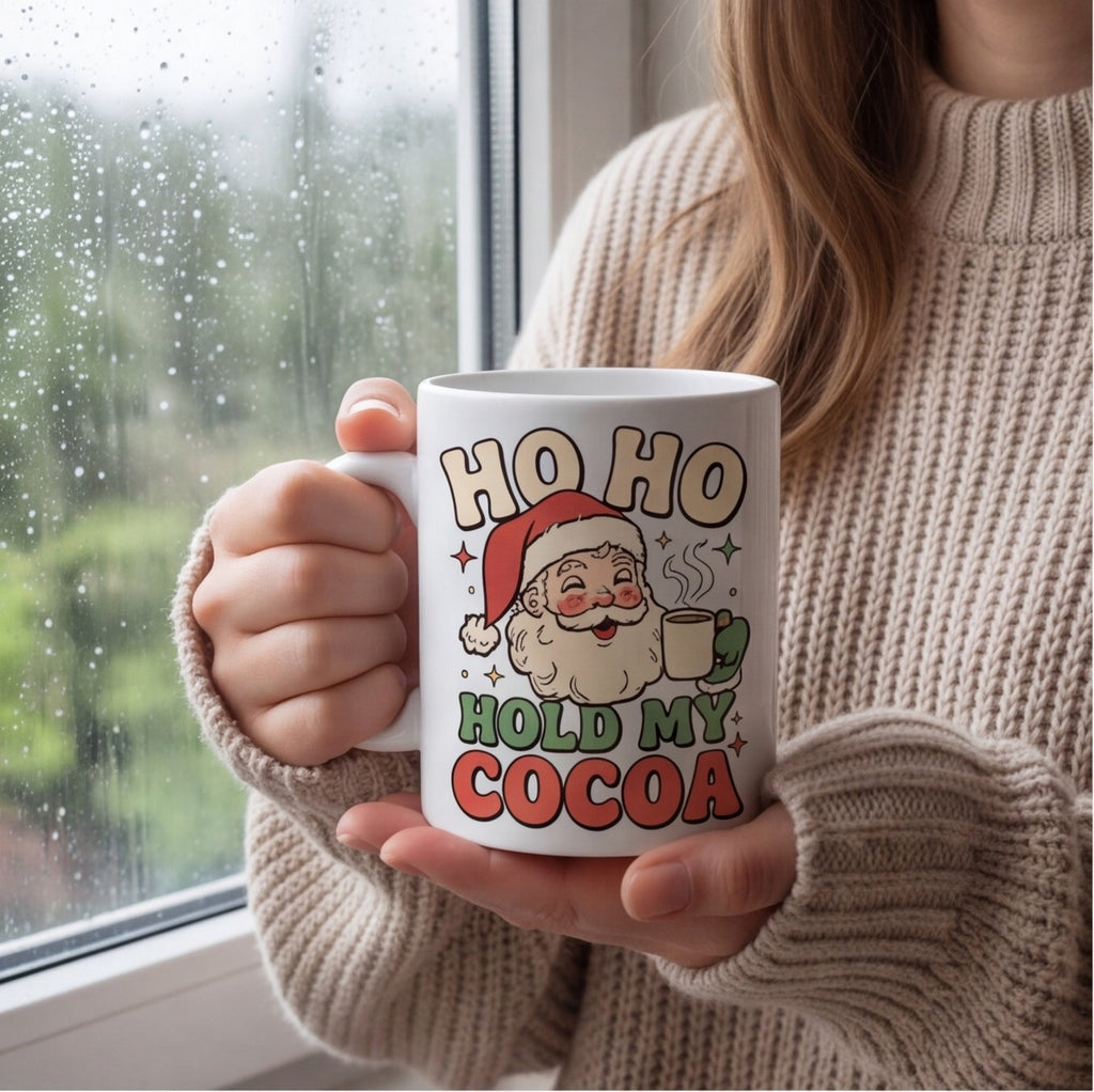 Ho Ho Hold My Cocoa Vintage Santa Christmas Mug mug, lifestyle photo 1