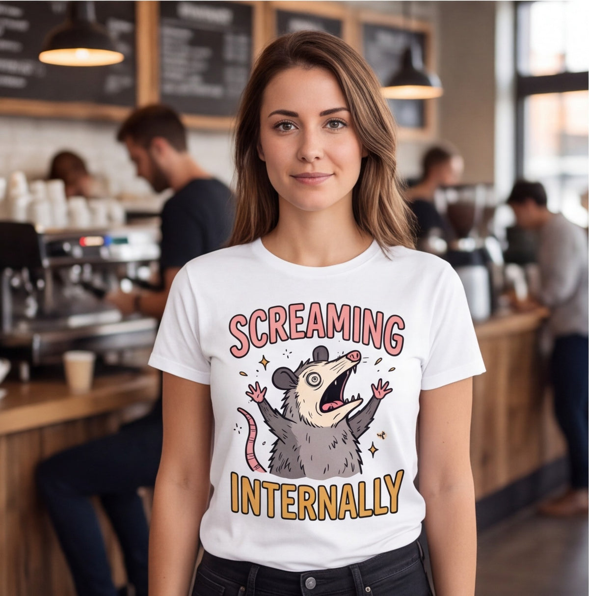 Screaming Internally Opossum Funny Shirt, Gift for Introverts T-shirt lifestyle photo in White #color:white;