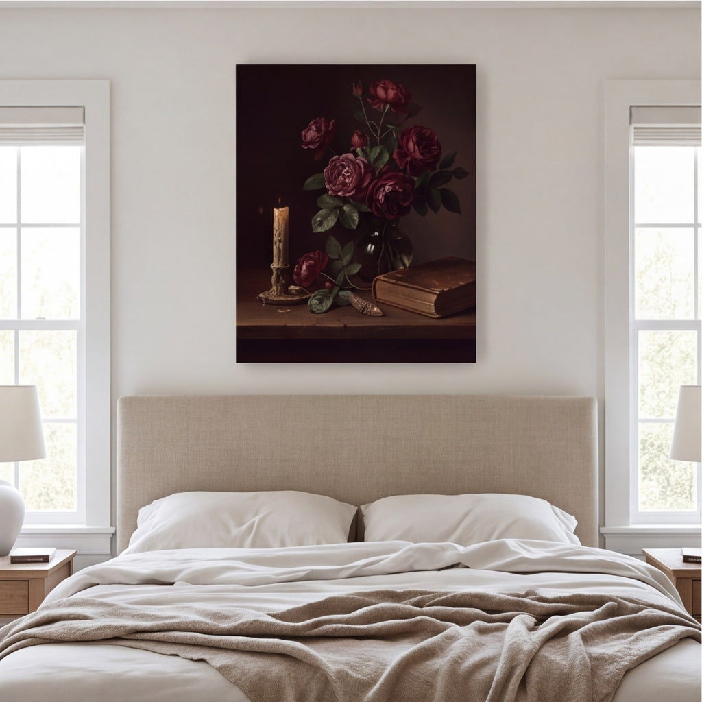 Dark Moody Still Life Roses and Candle Canvas Wall Art canvas wall art, lifestyle photo 1