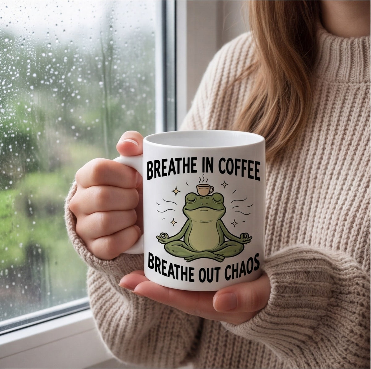 Breathe In Coffee Breathe Out Chaos Yoga Frog Funny Mug mug, lifestyle photo 1