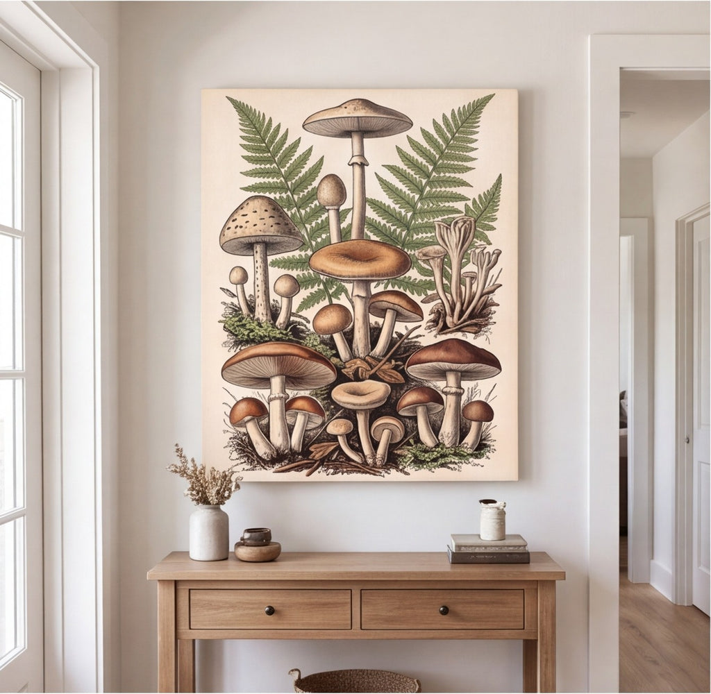 Vintage Mushroom and Fern Botanical Canvas Wall Art canvas wall art, lifestyle photo 1