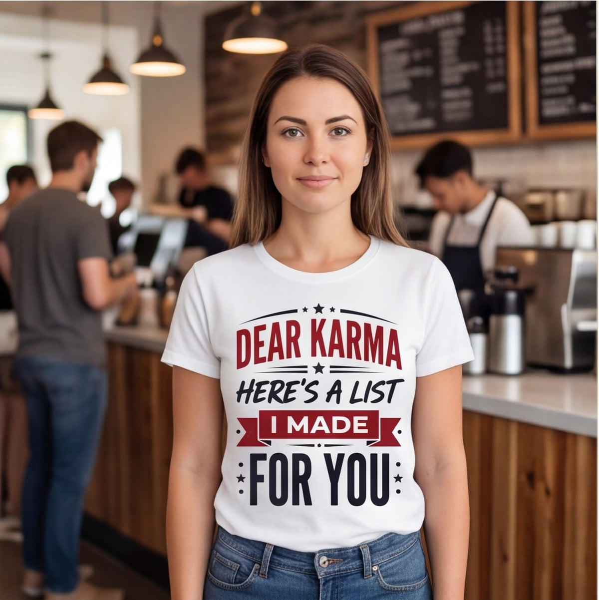 Dear Karma Here's a List I Made for You Funny Shirt, Sarcastic Gift T-shirt lifestyle photo in White #color:white;