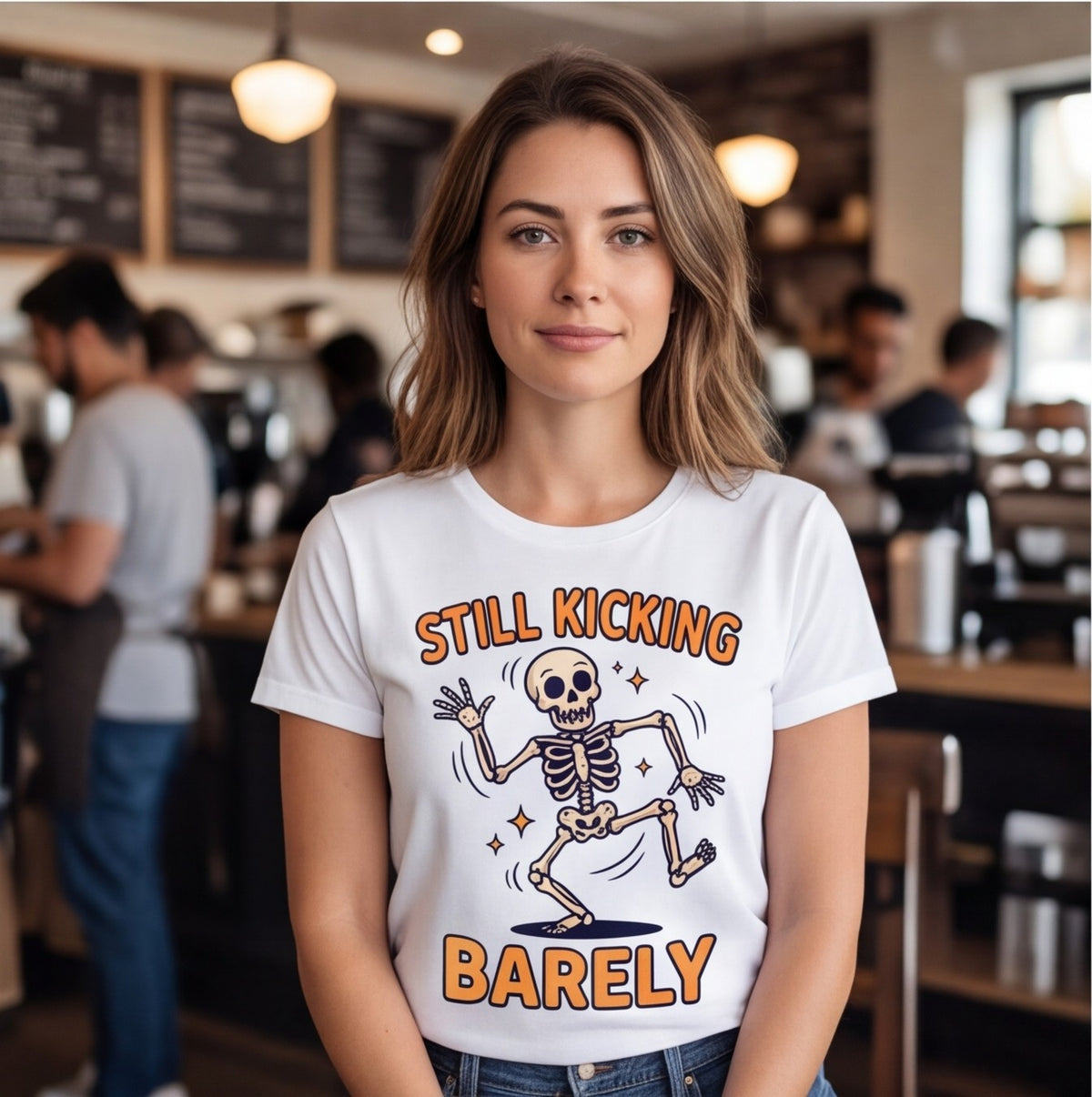 Still Kicking Barely Dancing Skeleton Funny Shirt, Over the Hill Gift T-shirt lifestyle photo in White #color:white;