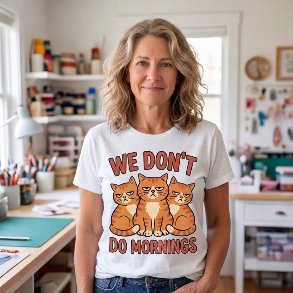 We Don't Do Mornings Grumpy Cats Funny Shirt T-shirt lifestyle photo in White #color:white;