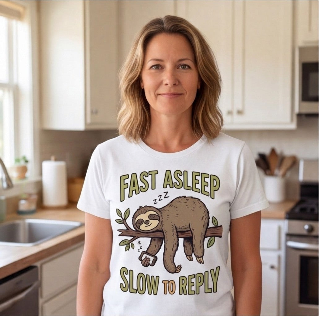 Fast Asleep Slow to Reply Sloth Funny Shirt, Gift for Nap Lovers T-shirt lifestyle photo in White #color:white;