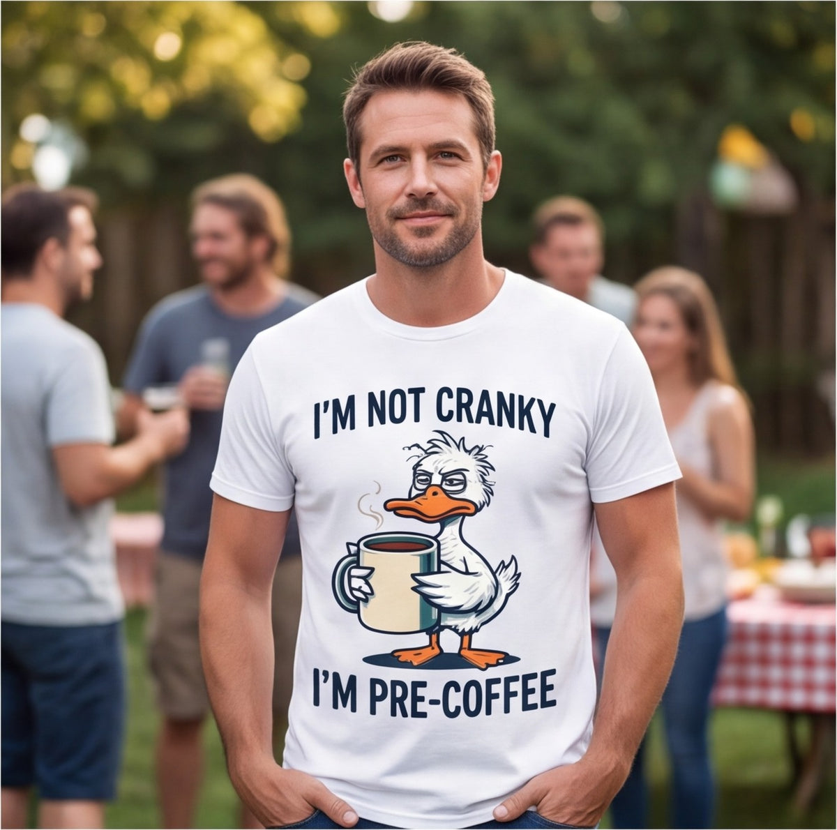 I'm Not Cranky I'm Pre-Coffee Duck Coffee Shirt, Coffee Lover Gift T-shirt lifestyle photo in White #color:white;