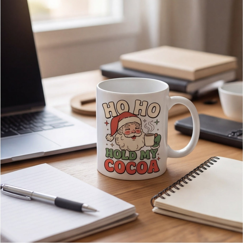 Ho Ho Hold My Cocoa Vintage Santa Christmas Mug mug, lifestyle photo 2