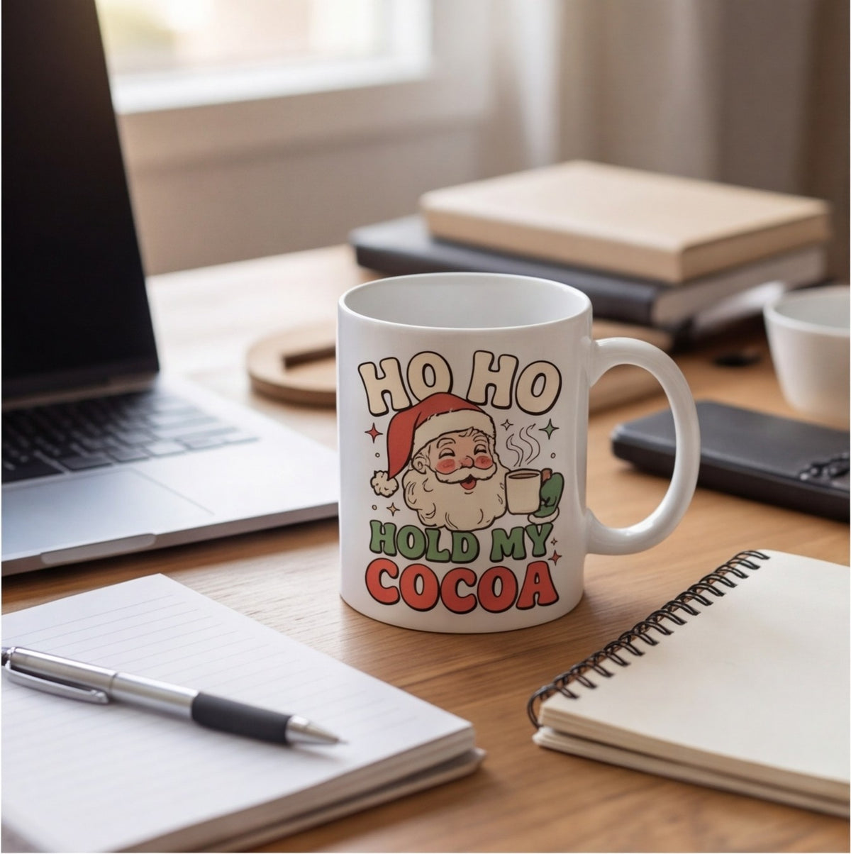 Ho Ho Hold My Cocoa Vintage Santa Christmas Mug mug, lifestyle photo 2