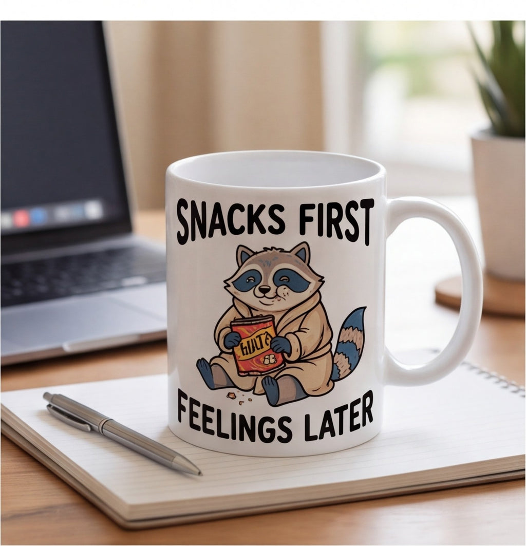 Snacks First Feelings Later Raccoon Funny Mug mug, lifestyle photo 2