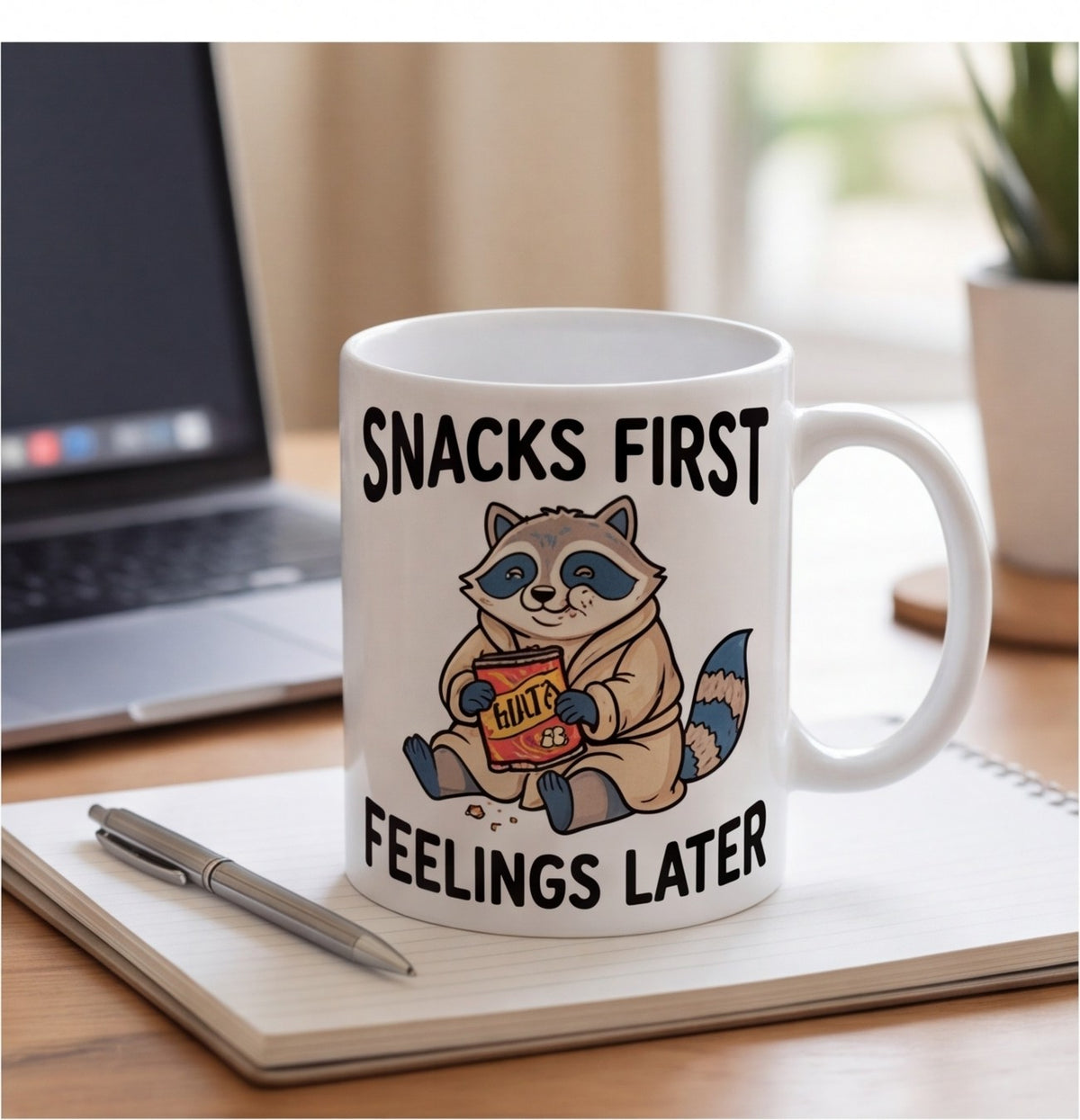 Snacks First Feelings Later Raccoon Funny Mug mug, lifestyle photo 2