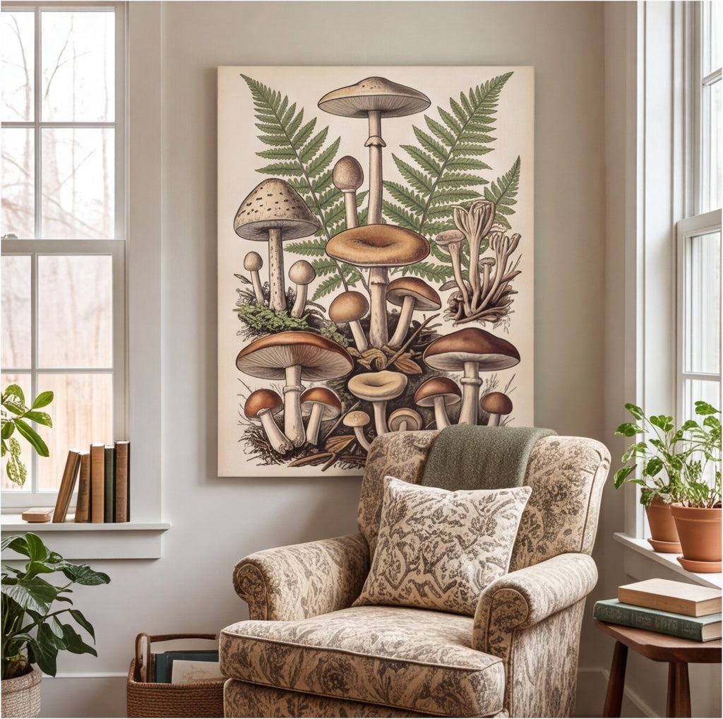 Vintage Mushroom and Fern Botanical Canvas Wall Art canvas wall art, lifestyle photo 2