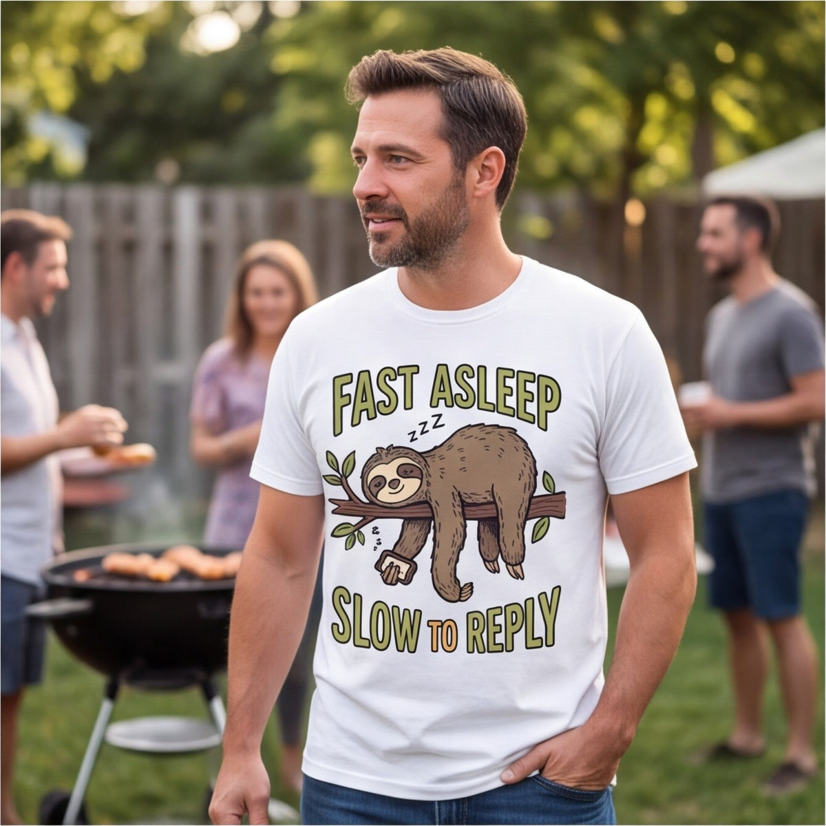 Fast Asleep Slow to Reply Sloth Funny Shirt, Gift for Nap Lovers T-shirt lifestyle photo in White #color:white;