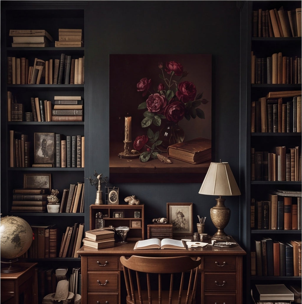 Dark Moody Still Life Roses and Candle Canvas Wall Art canvas wall art, lifestyle photo 2