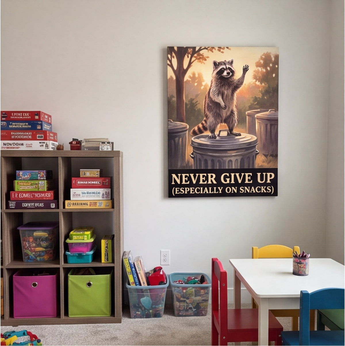 Never Give Up Raccoon Office Wall Art Canvas canvas wall art, lifestyle photo 2