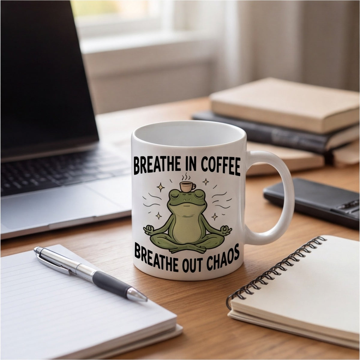 Breathe In Coffee Breathe Out Chaos Yoga Frog Funny Mug mug, lifestyle photo 2