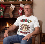 Merry and Exhausted Coffee Christmas Shirt, Funny Gift for Mom T-shirt lifestyle photo in White #color:white;