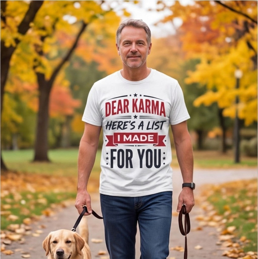 Dear Karma Here's a List I Made for You Funny Shirt, Sarcastic Gift T-shirt lifestyle photo in White #color:white;