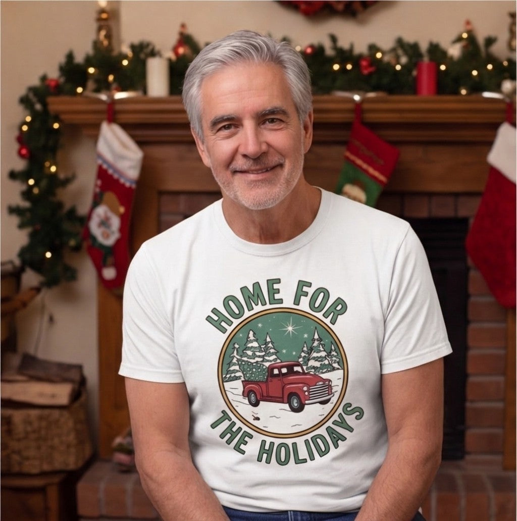Home for the Holidays Vintage Truck Christmas Shirt, Family Gift T-shirt lifestyle photo in White #color:white;