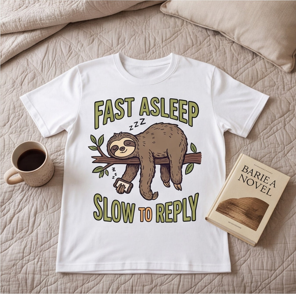Fast Asleep Slow to Reply Sloth Funny Shirt, Gift for Nap Lovers T-shirt lifestyle photo in White #color:white;