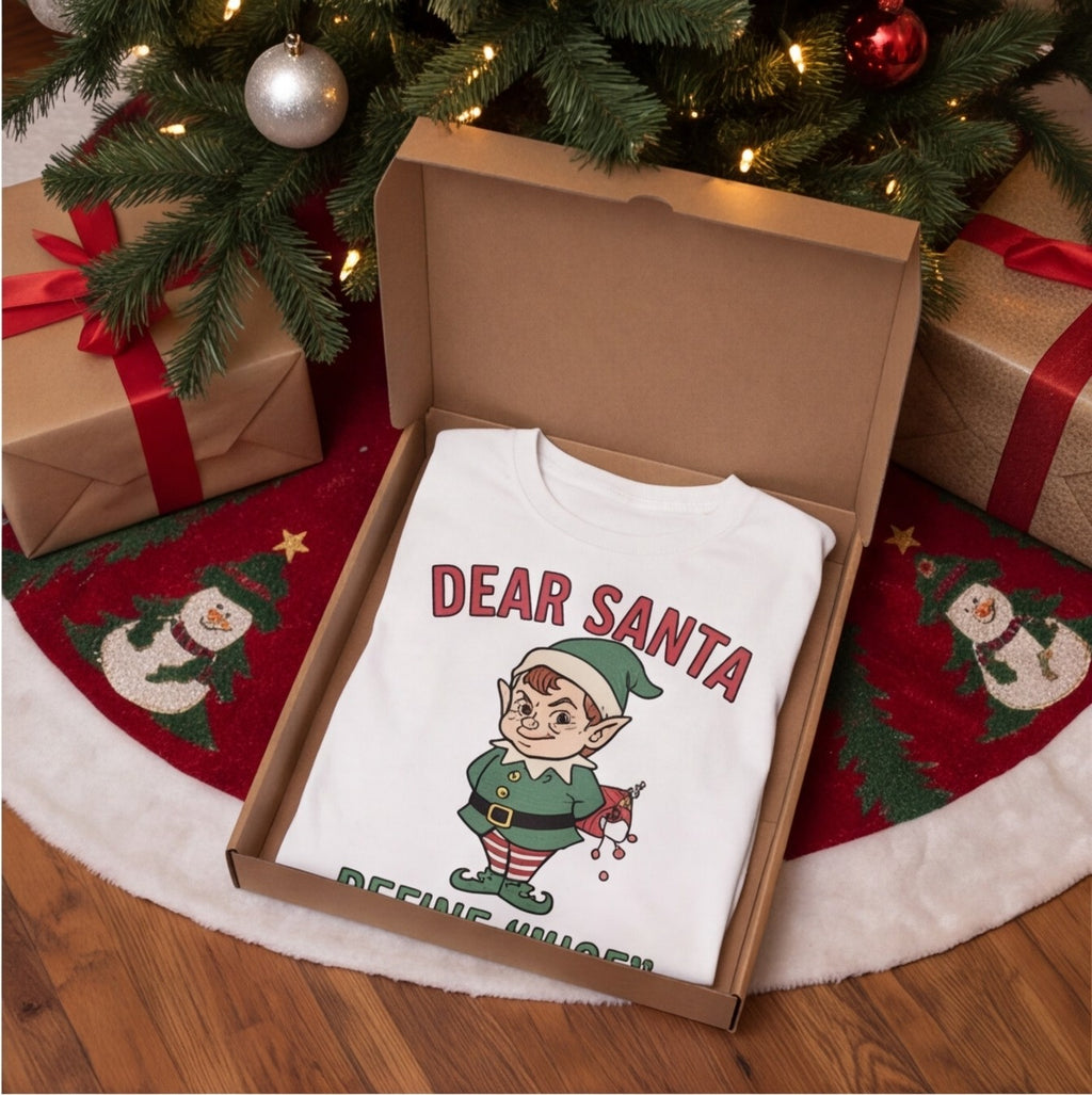 Dear Santa Define Nice Funny Christmas Shirt, Holiday Party Tee T-shirt lifestyle photo in White #color:white;