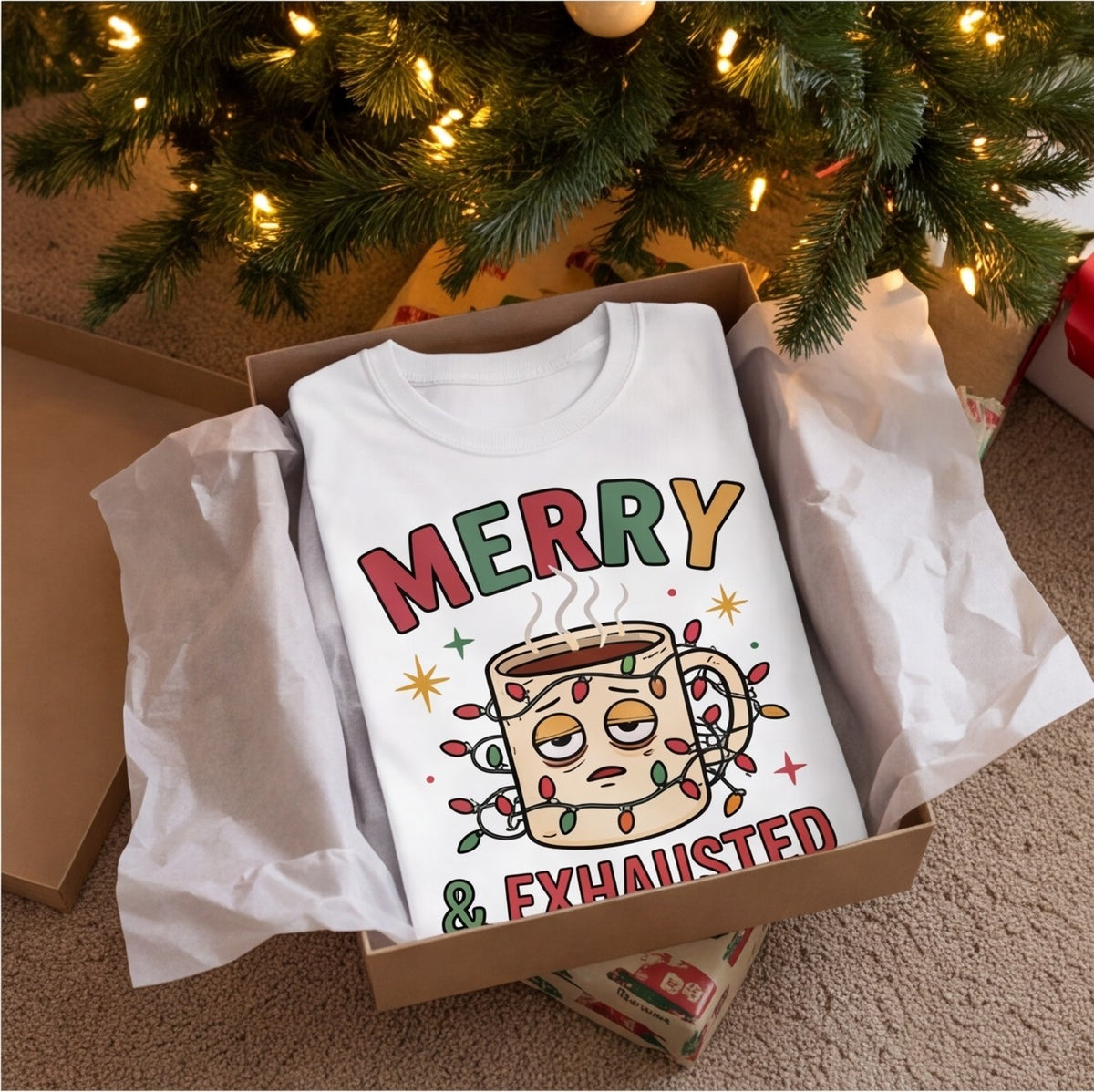 Merry and Exhausted Coffee Christmas Shirt, Funny Gift for Mom T-shirt lifestyle photo in White #color:white;