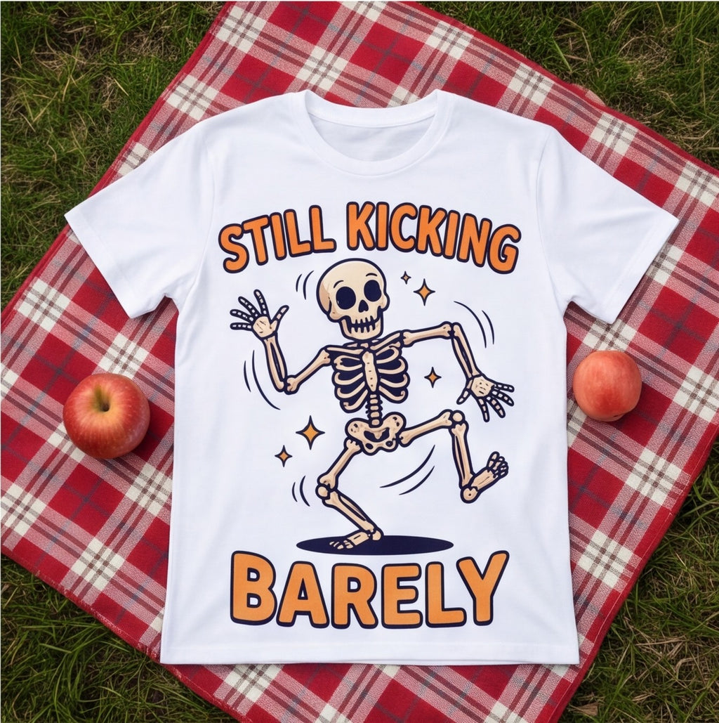 Still Kicking Barely Dancing Skeleton Funny Shirt, Over the Hill Gift T-shirt lifestyle photo in White #color:white;