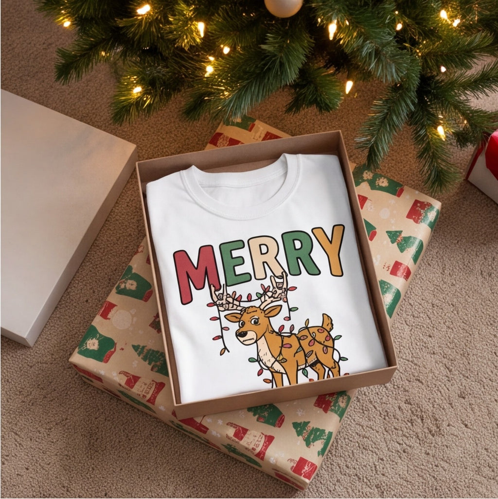 Merry Whatever Grumpy Reindeer Christmas Shirt, Funny Holiday Gift T-shirt lifestyle photo in White #color:white;