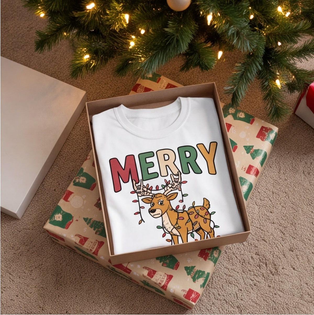 Merry Whatever Grumpy Reindeer Christmas Shirt, Funny Holiday Gift T-shirt lifestyle photo in White #color:white;