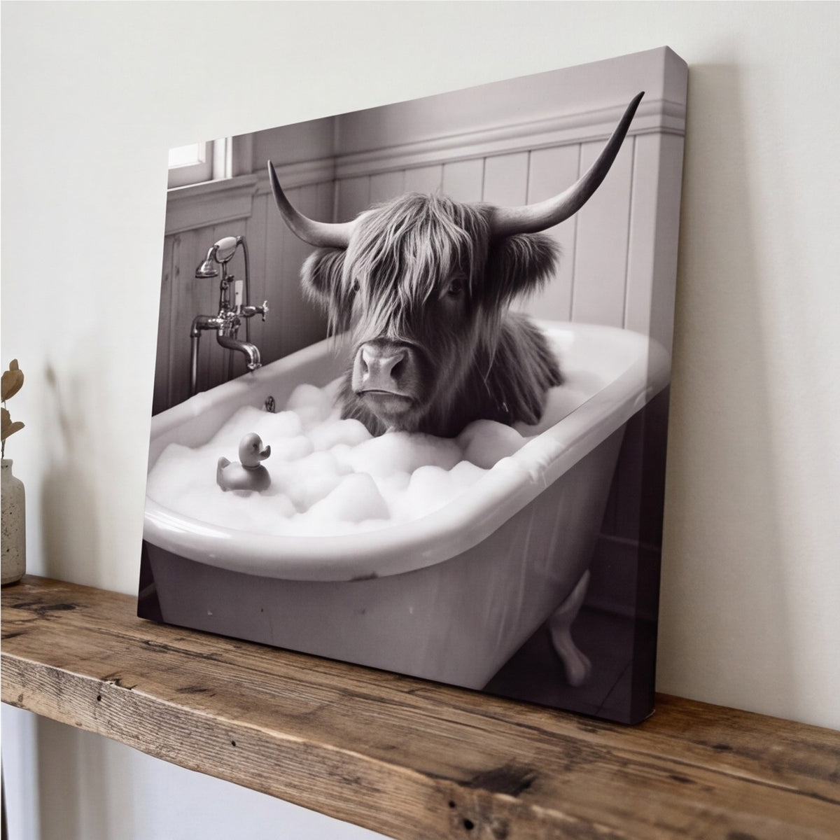 Highland Cow Bubble Bath Bathroom Wall Art Canvas canvas wall art, lifestyle photo 3
