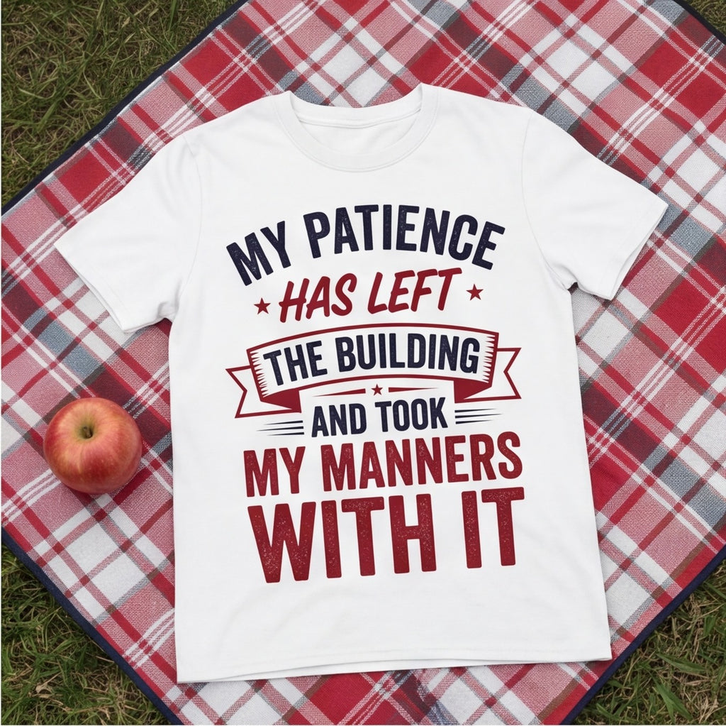 My Patience Has Left the Building Funny Mom Shirt, Gift for Tired Moms T-shirt lifestyle photo in White #color:white;