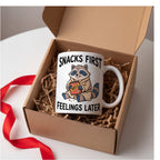 Snacks First Feelings Later Raccoon Funny Mug mug, lifestyle photo 3