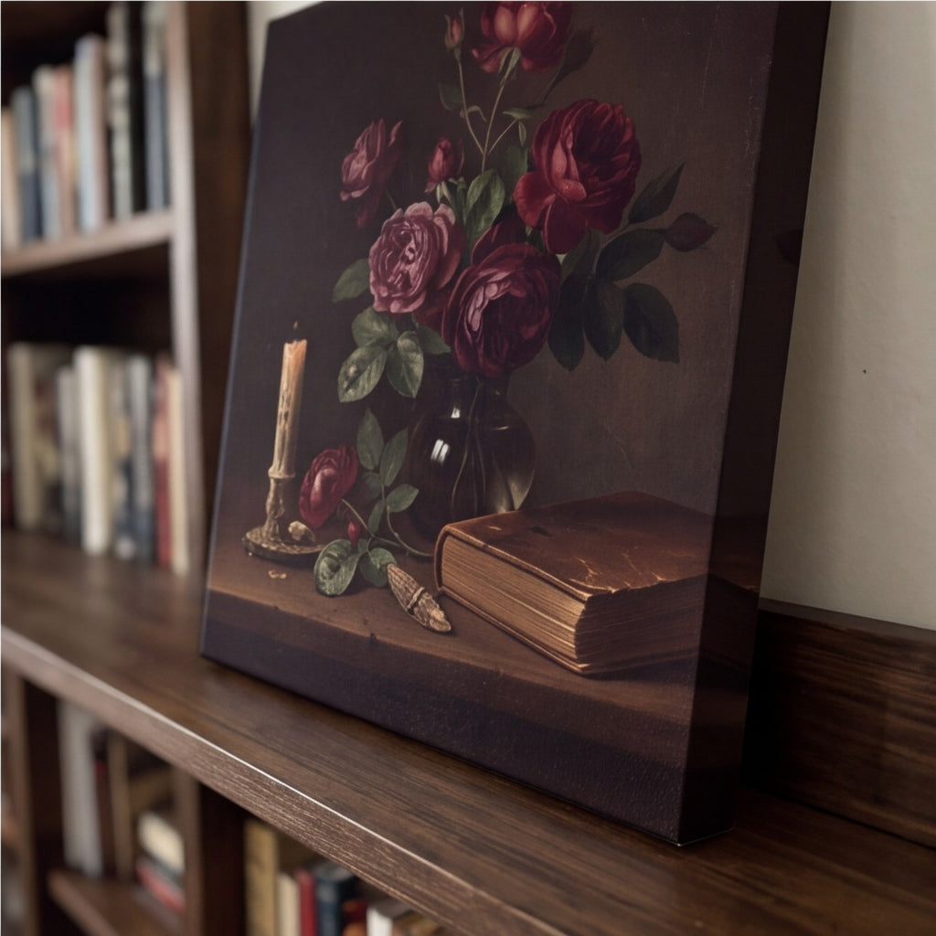 Dark Moody Still Life Roses and Candle Canvas Wall Art canvas wall art, lifestyle photo 3