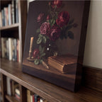 Dark Moody Still Life Roses and Candle Canvas Wall Art canvas wall art, lifestyle photo 3