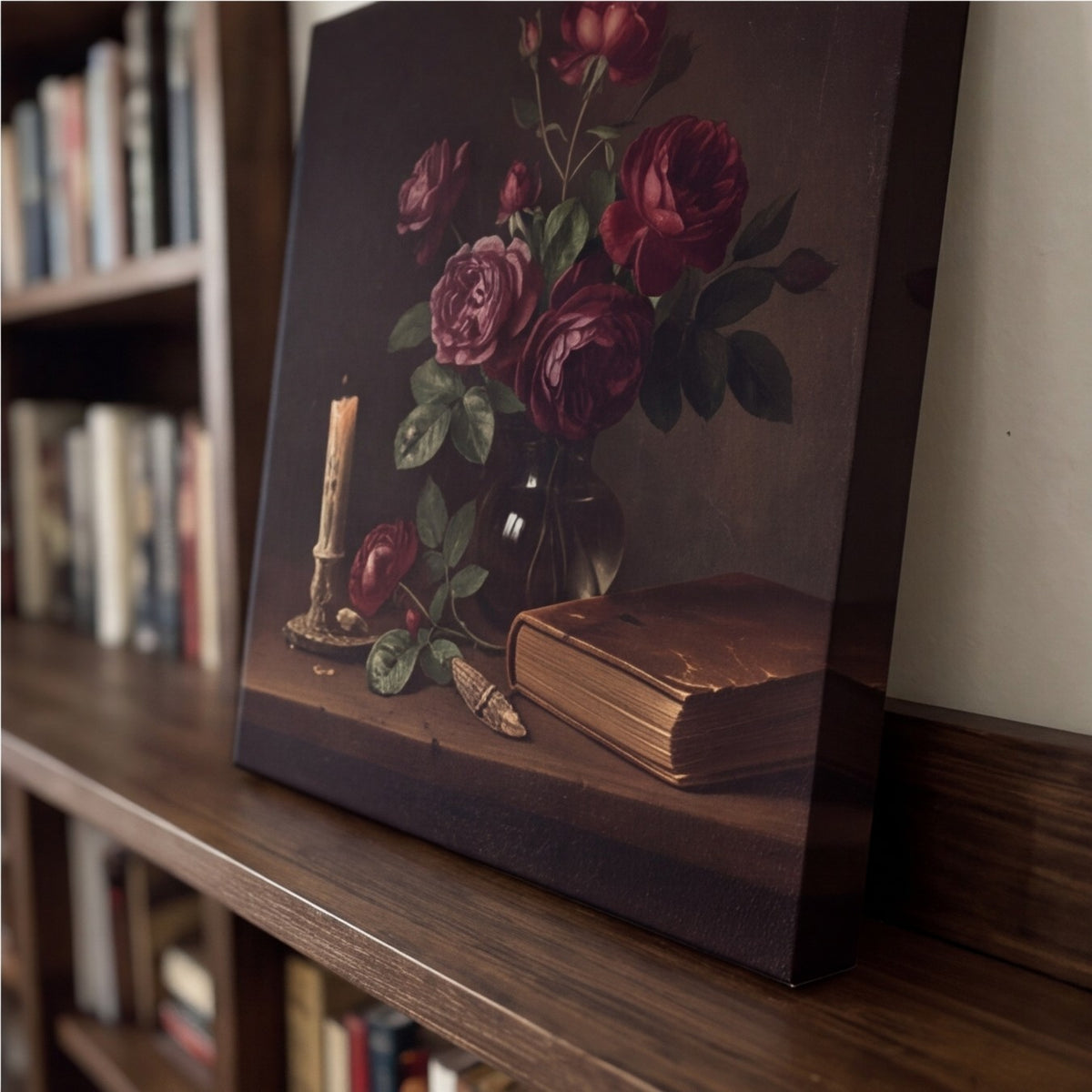 Dark Moody Still Life Roses and Candle Canvas Wall Art canvas wall art, lifestyle photo 3