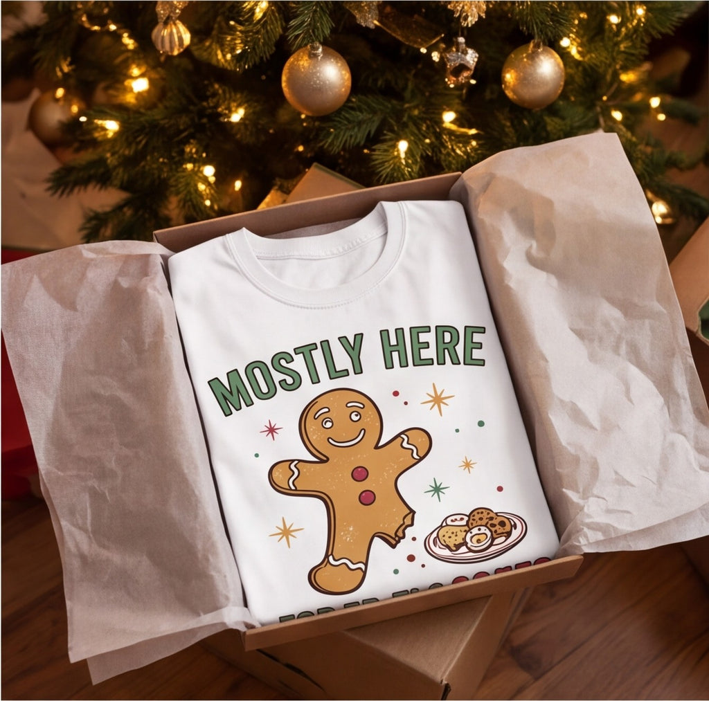 Mostly Here for the Cookies Gingerbread Christmas Shirt, Holiday Gift T-shirt lifestyle photo in White #color:white;