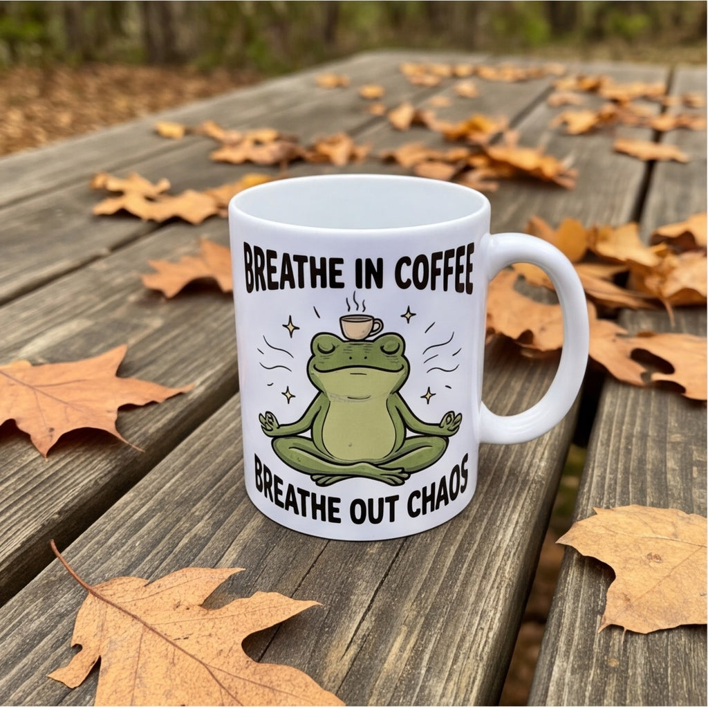 Breathe In Coffee Breathe Out Chaos Yoga Frog Funny Mug, Yoga Gift Mug lifestyle photo new-1