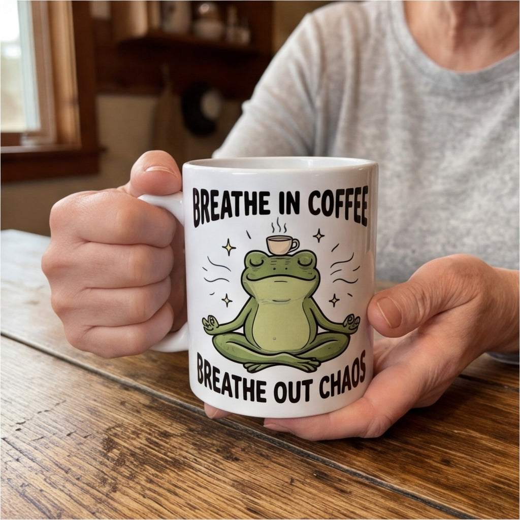 Breathe In Coffee Breathe Out Chaos Yoga Frog Funny Mug, Yoga Gift Mug lifestyle photo new-2
