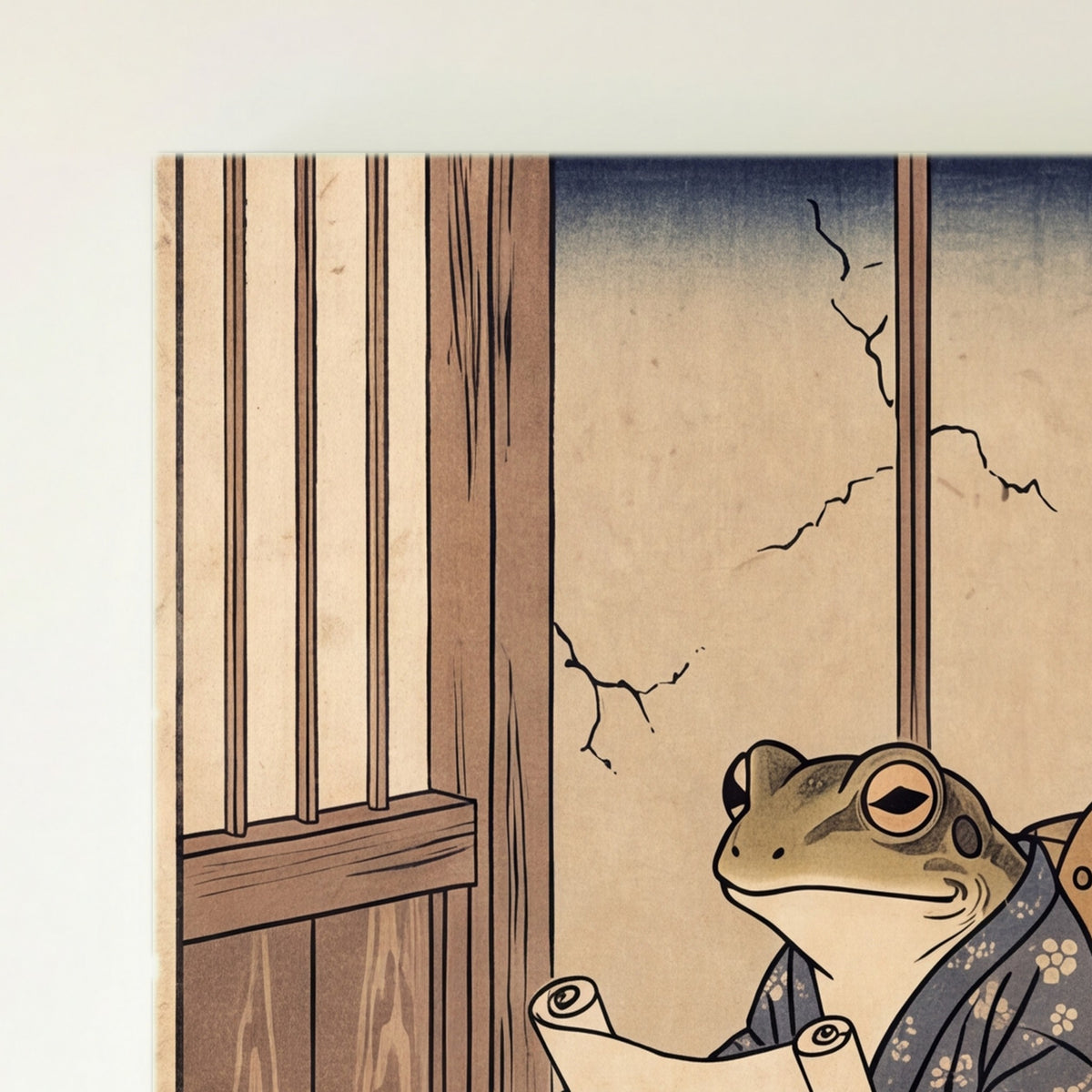 Japanese Woodblock Frog Bathroom Wall Art Canvas, Funny Toilet Decor canvas edge print close-up