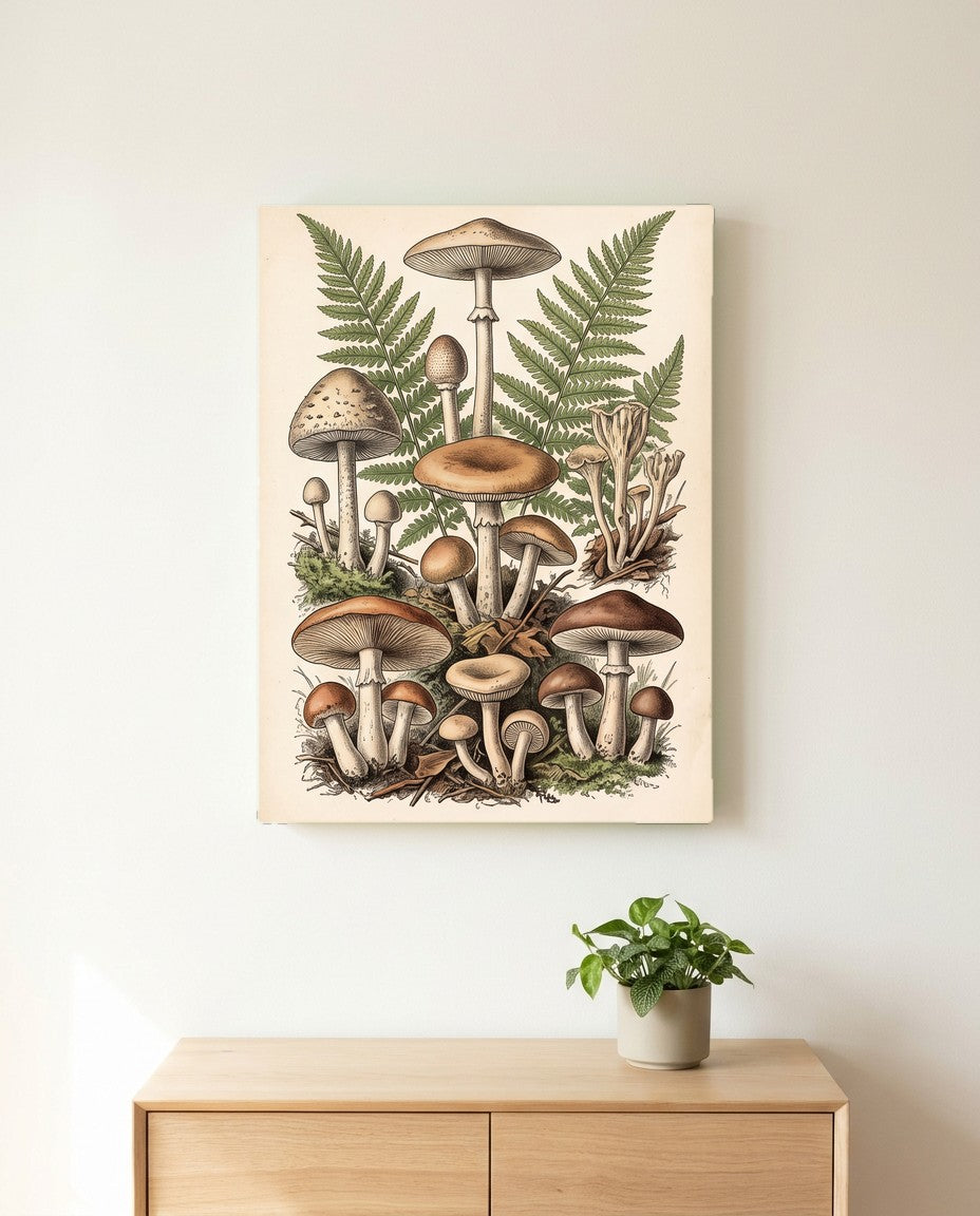 Vintage Mushroom and Fern Botanical Canvas Wall Art canvas wall art, front view