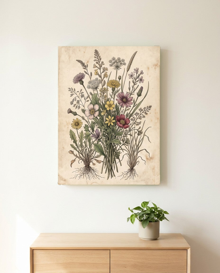Vintage Botanical Wildflower Canvas Wall Art canvas wall art, front view